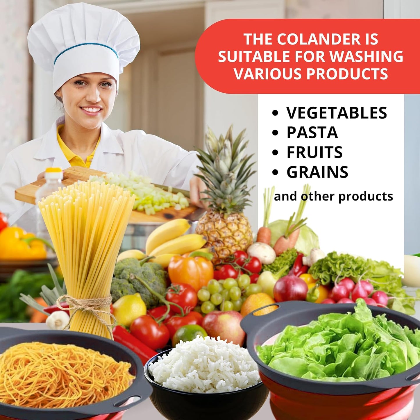 White Round Silicone Collapsible Colander – Silicone Round Kitchen Strainers with Plastic Handles Small Foldable Kitchen Strainer Perfect for Draining Pasta Vegetable and Fruit