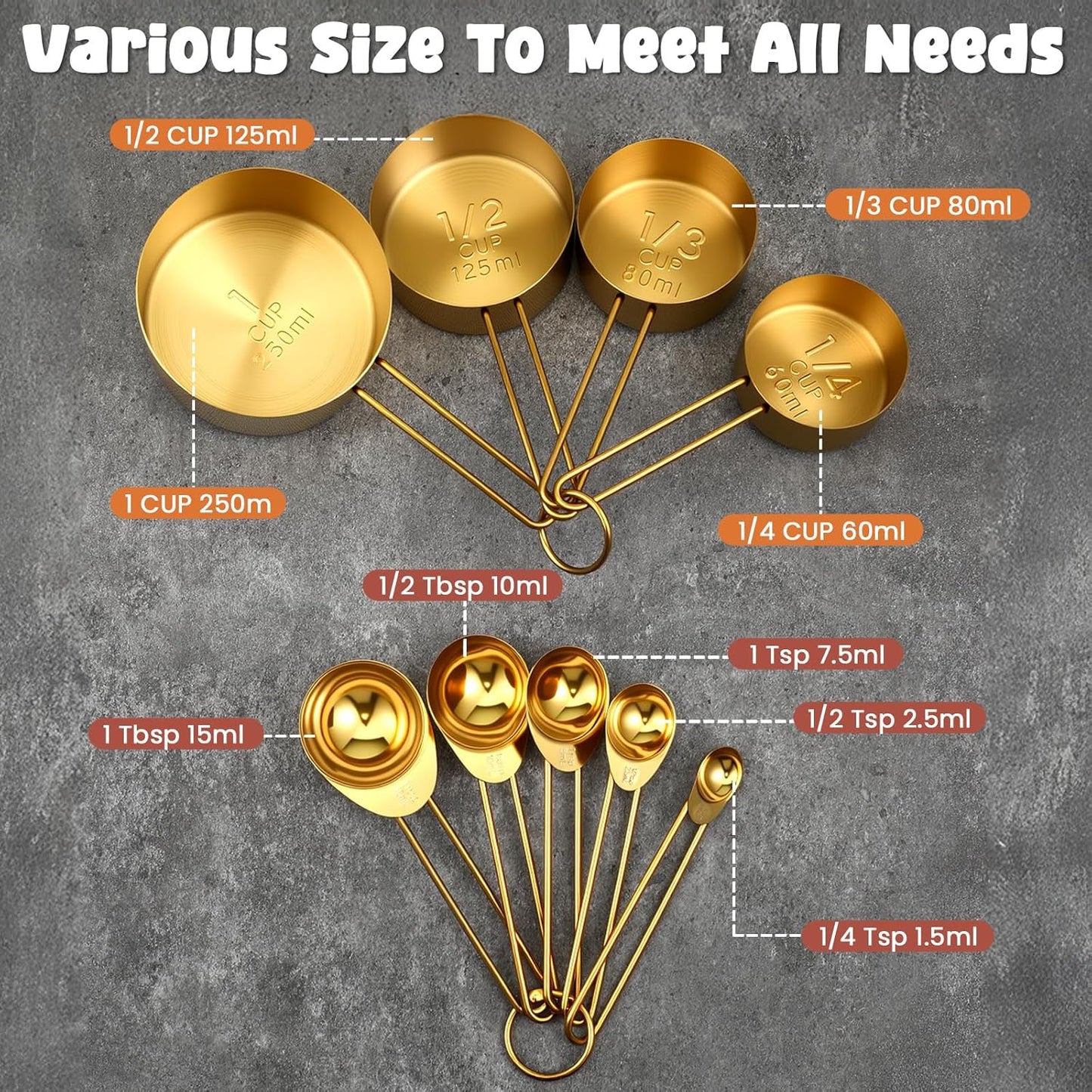 Giantree 9PCS Stainless Steel Gold Measuring Cups And Spoons Set, Metal Stackable & Long Handle Measuring Cups Measuring Spoons Set Durable Rust-Proof for Kitchen Baking Cooking