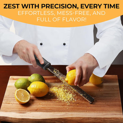Orblue Lemon Zester & Cheese Grater - Premium Citrus Zester, Kitchen Grater for Parmesan, Chocolate, Fruits, Vegetables, Ginger, Garlic, Nutmeg - Stainless Steel Blades with Protective Cover, Black