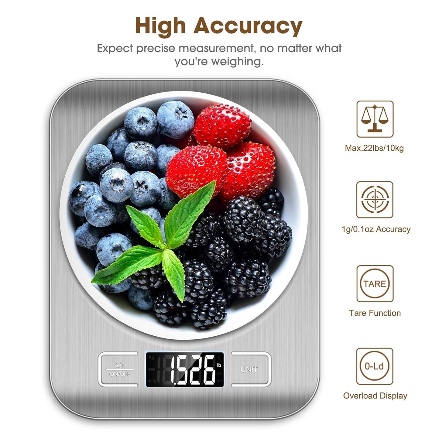 Mik-Nana Food Scale Pink, 10kg/22lb Digital Kitchen Scale Weight Grams and Oz for Baking and Cooking, 1g/0.1oz Precise Graduation, Easy Clean Stainless Steel