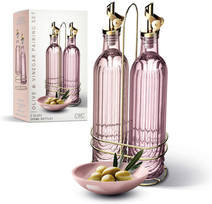 COOK WITH COLOR Glass Olive Oil Bottle Dispenser - 2 Pack- 17oz Oil and Vinegar Cruet - Olive Oil Carafe Decanter for Kitchen, Elegant Waves, Clear
