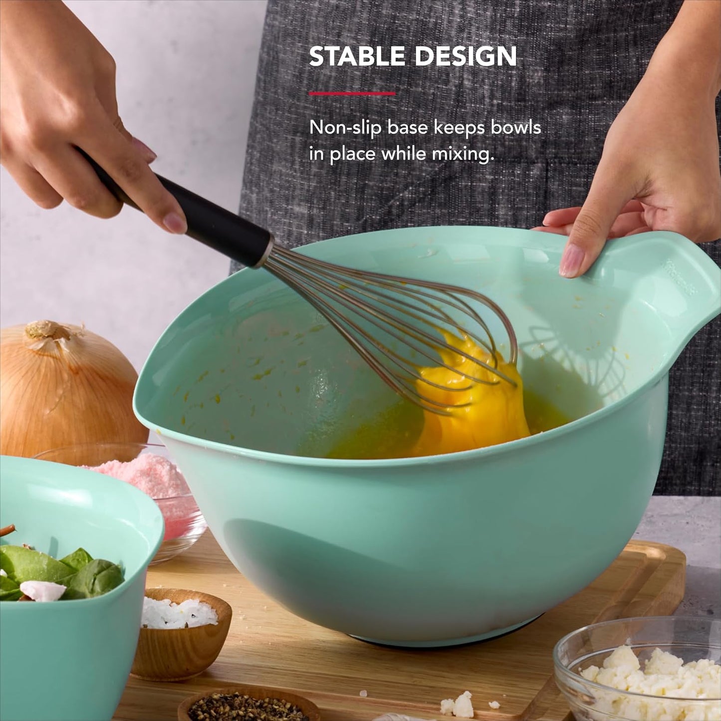 KitchenAid Universal Nesting Plastic Mixing Bowls, Set Of 3, 2.5 quart, 3.5 quart, 4.5 quart, Non Slip Base with Easy Pour Spout to Reduce Mess, Dishwasher Safe, Aqua Sky, White, Gray