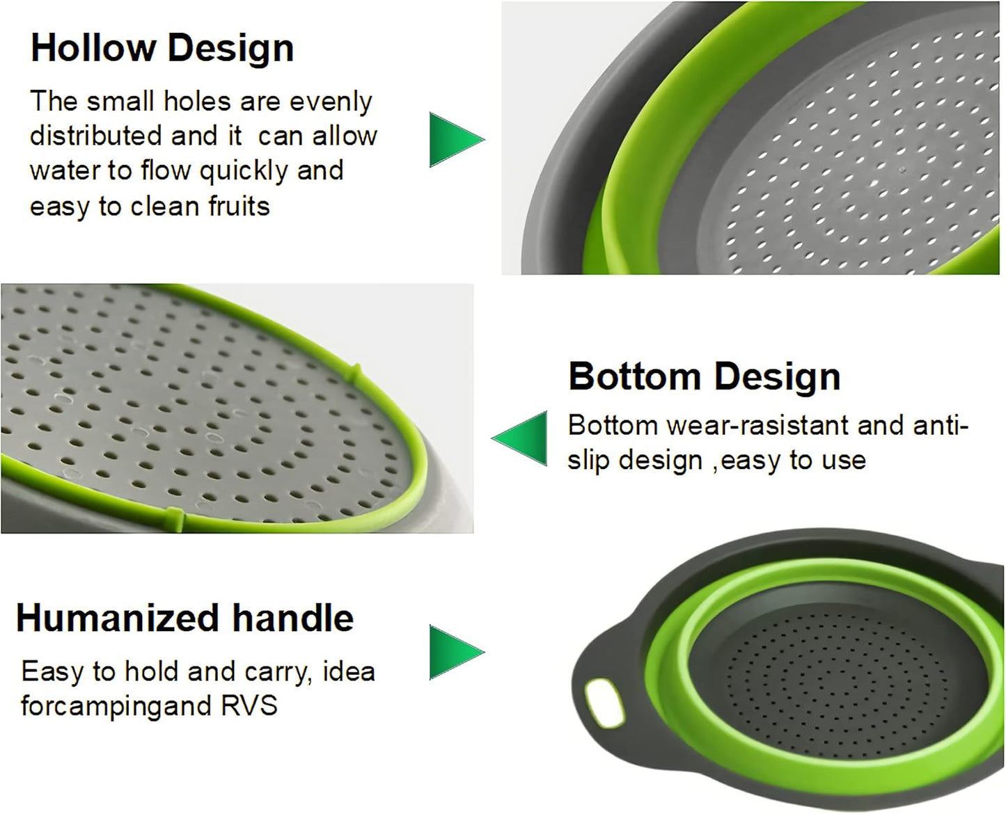 Collapsible Colander Set, Food-Grade Silicone Kitchen Filter, Kitchen Strainer Colander with Extendable Handles for Draining Pasta, Vegetable and Fruit