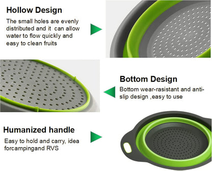 Collapsible Colander Set, Food-Grade Silicone Kitchen Filter, Kitchen Strainer Colander with Extendable Handles for Draining Pasta, Vegetable and Fruit