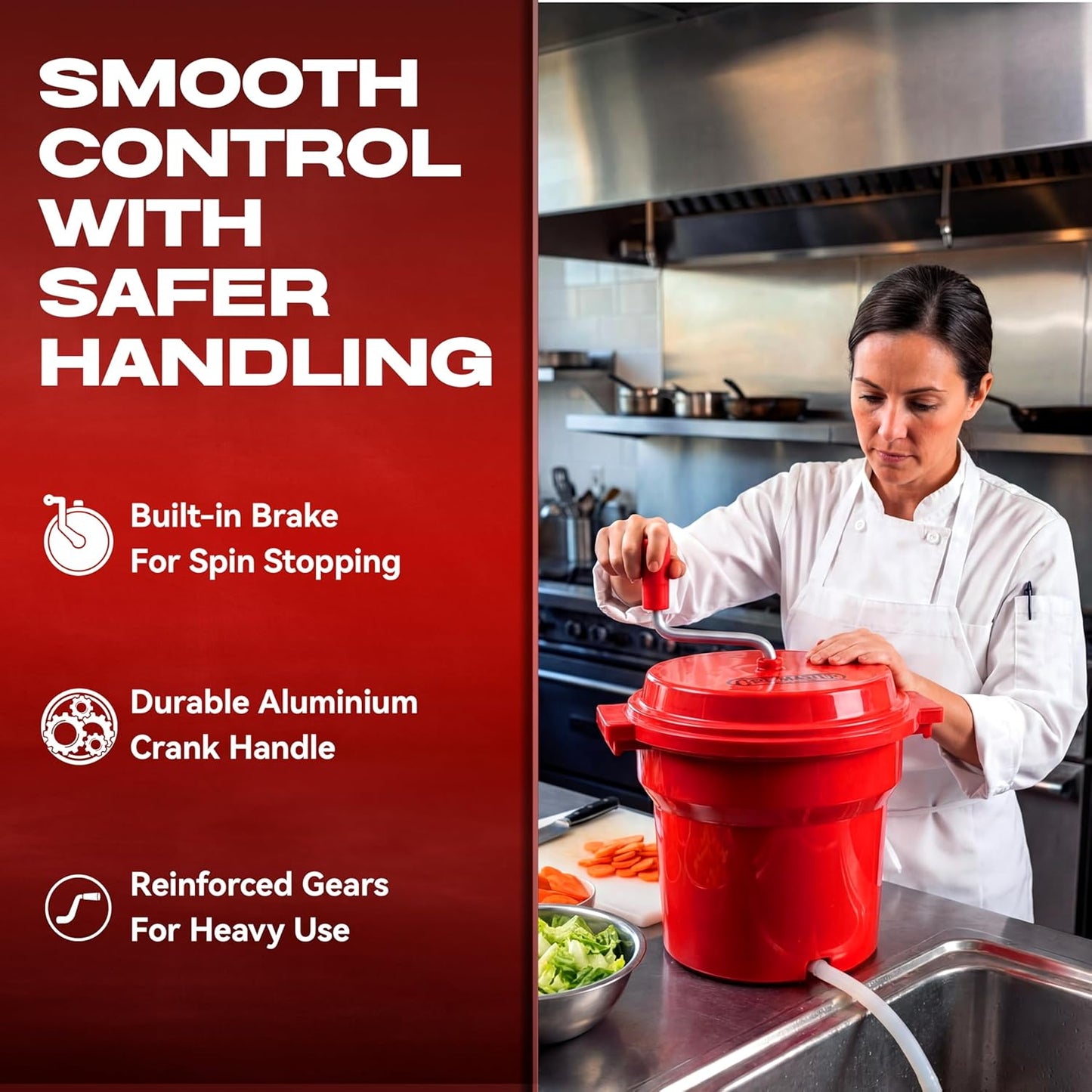 5 Gallon Chef Master Commercial Salad Spinner Dryer – Hand Powered Manual Lettuce Spinner and Fruit Washer Bowl w/ Strainer - Sealed Gearbox, Built In Brake System - Durable Spinner Mechanism - 90005