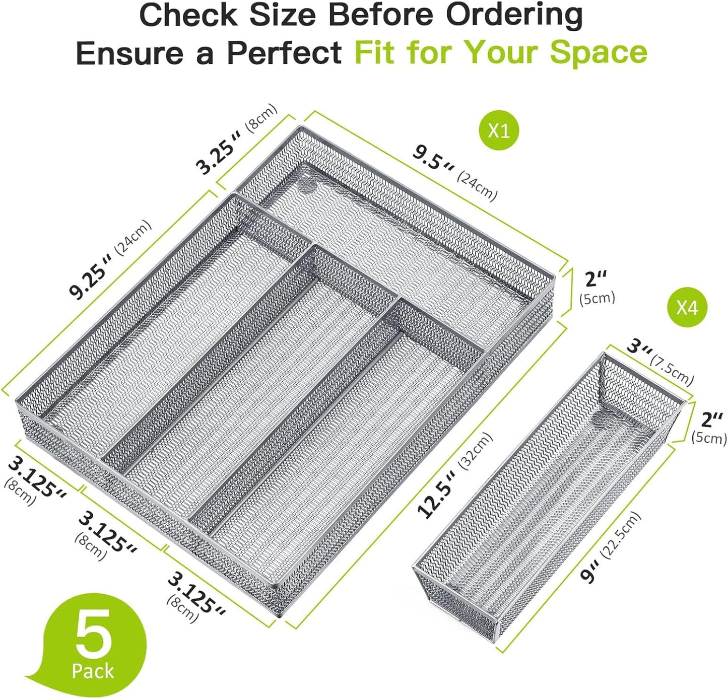 Neudeco Silverware Drawer Organizer - 5 Compartment Cutlery Tray with Non-Slip Feet, Mesh Wire Flatware Storage Divider for Kitchen, Bedroom, Living Room (Silver)