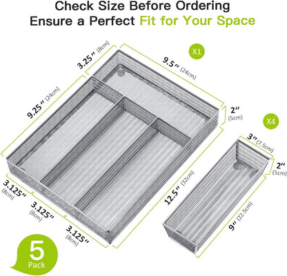 Neudeco Silverware Drawer Organizer - 5 Compartment Cutlery Tray with Non-Slip Feet, Mesh Wire Flatware Storage Divider for Kitchen, Bedroom, Living Room (Silver)