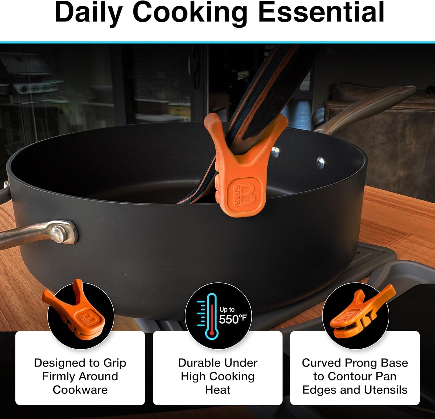 Nottaslip Utensil Prong Pot Spoon Holder - Premium Silicone Spoon Rest - Heat-Resistant to 550°F, BPA-Free, Dishwasher Safe Utensil Pot Clip, Fits Most Pots & Pans - Non-Slip Silicone - 2PK, Black