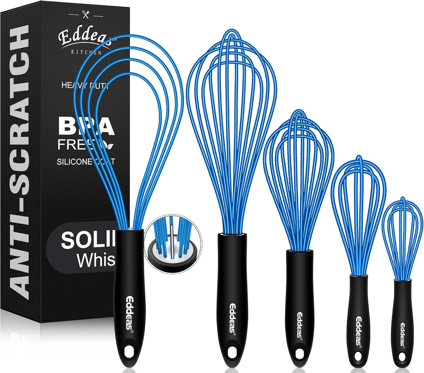 Whisks For Cooking - 500 °F Heat Resistant Silicone Whisk, Heavy Duty 7",9"&11inch Non-Scratch Balloon Kitchen Wisk tool Set, for cooking Wisking, Blending, Beating, Stirring, 3 Piece Black