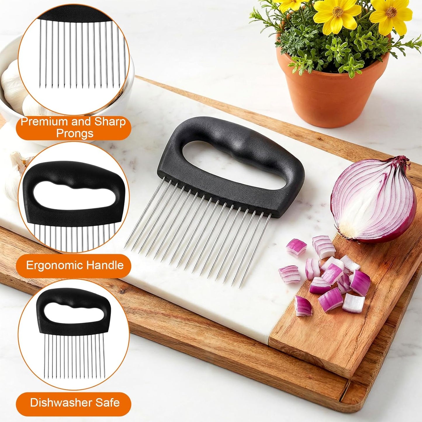 Onion Slicer Holder Extra Large Onion Holder for Slicing Tomato Slicer With 16 Long Needles Vegetable Chopper Tomato Potato Meat Tenderizer Stainless Steel Black