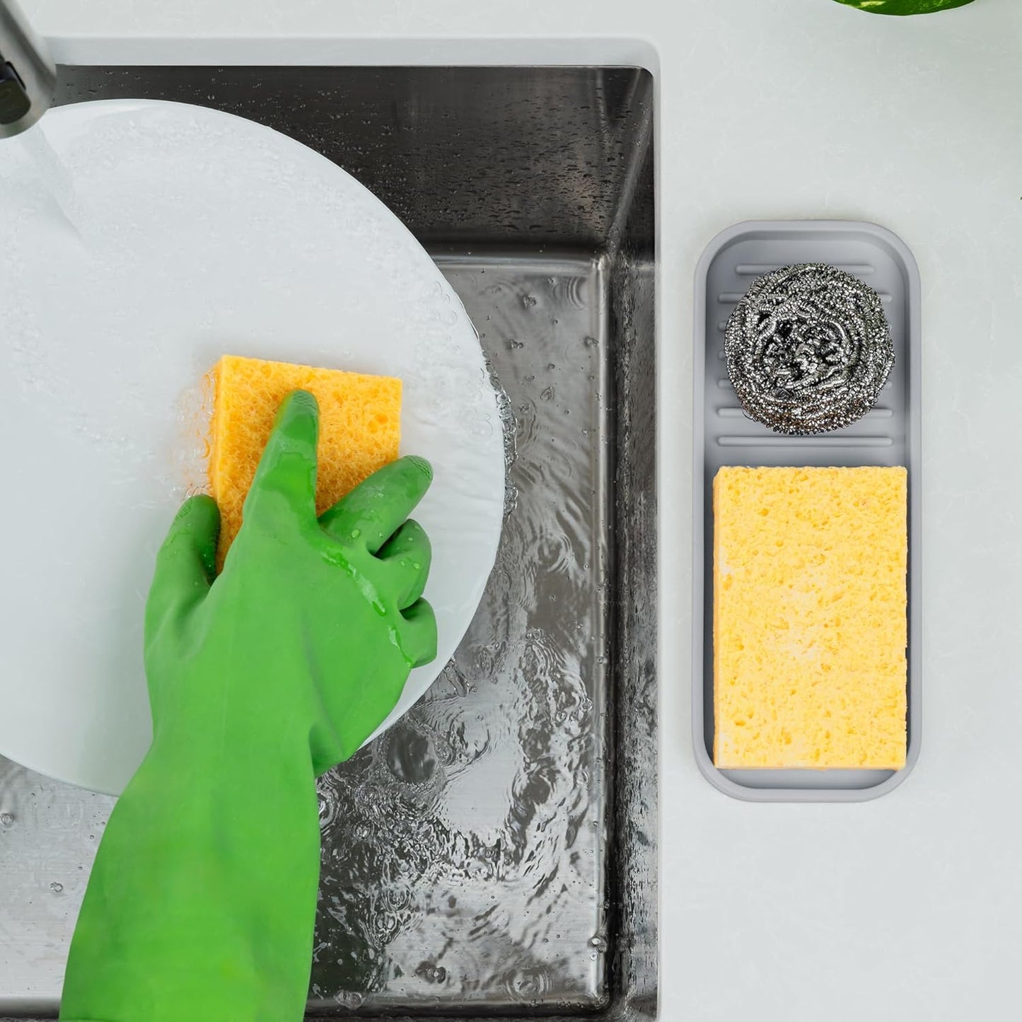 Zulay Kitchen (9x3.5in Sponge Holder for Kitchen Sink - Flexible Heavy-duty Multipurpose Sink Caddy - Counter Organizer for Kitchen, Bathroom, Makeup, Trinkets & More! (Grey)