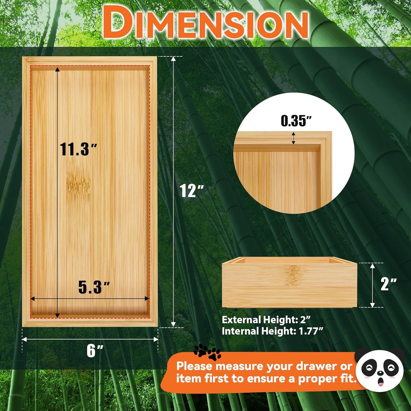 Lixple Bamboo Drawer Organizer, Narrow Stackable Cutlery Tray for Kitchen, 2 Pcs Silverware & Utensil Box, 12" x 3" x 2" (Outer), 11.3" x 2.3" x 1.77" (Inner)