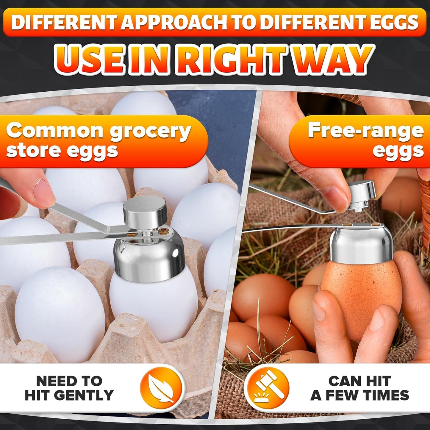 Egg Cracker Tool for Raw Eggs — Egg Shell Opener for Soft-Boiled Shell Tops, Stainless Steel Topper with Ergonomic Adjustable Effort — Clean Cut Design for Breakfast Prep, Custards, & Baking (Silver)