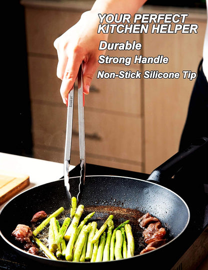 Anaeat Non-Stick Silicone Locking Tong Set of 3 - Stainless Steel 7", 9", 12" Kitchen Food Tongs with Non-Slip Silicone Tips and Grip for Cooking, Baking and BBQ - Heat Resistant up to 480°F (Black)