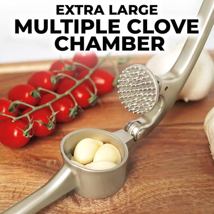 Zulay Kitchen Premium Garlic Press Set - Rust Proof Professional Garlic Mincer Tool - Easy-Squeeze, Easy-Clean with Soft, Ergonomic Handle - Silicone Garlic Peeler & Brush (Silver)