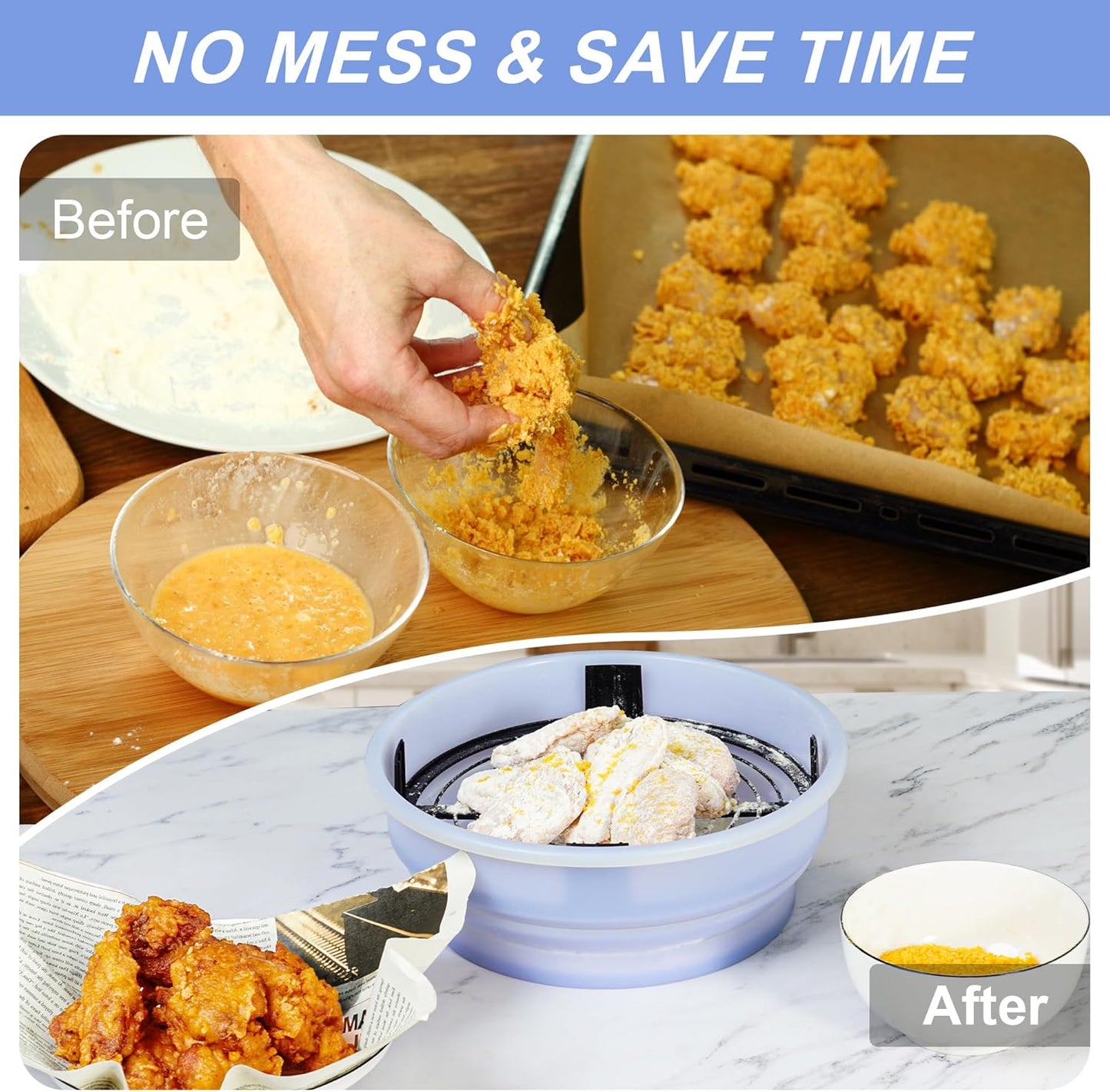 FJNATINH Collapsible Batter Bowl - Mess Free Better Breader Shaker Bowl with Lid Breading Shaker Container - Great for Fried Fish, Fried Chicken, Onion Rings, Wings & More,No Leak,Easy to Store