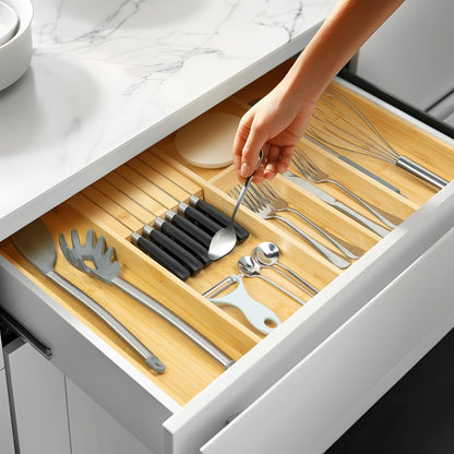 VaeFae Bamboo Silverware Drawer Organizer Kitchen, Expandable Utensil Organizer with Knife Block, Cutlery Tray with Divider, Multifunctional Drawer Organizer (Black)