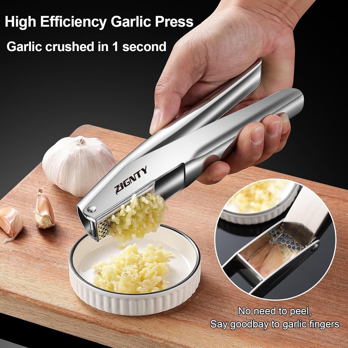 Garlic Press Stainless Steel，Professional Garlic Mincer Tool No Need to Peel，Dual Lever-Assisted Garlic Masher with Large Chamber，High Effective Garlic Crusher & Garlic Presser Dishwasher Safe