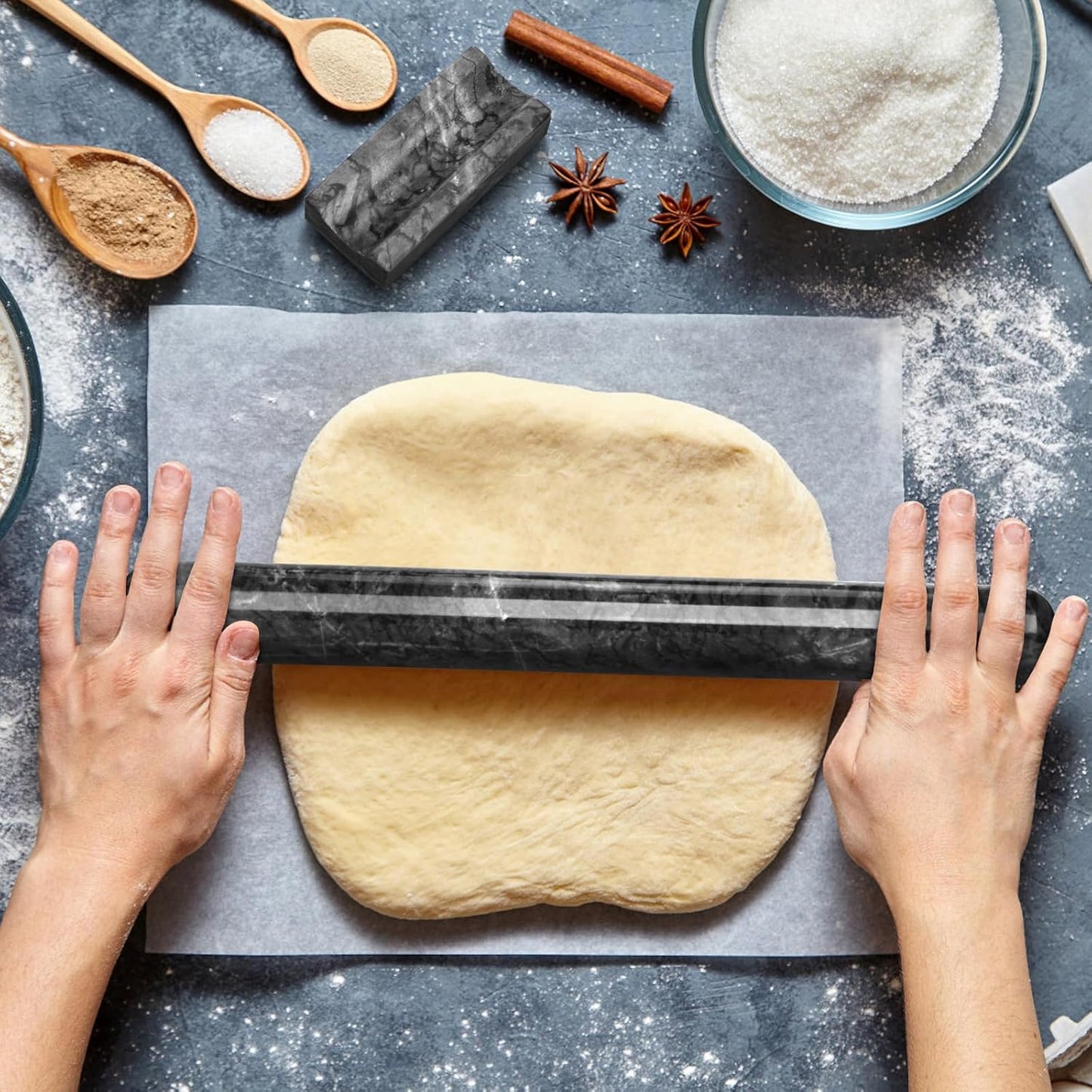 Marble Rolling Pin with Stand, 15.7" Black Stone French Heavy Polished Non Stick Cookie Pizza Pastry Dough Baker Roller for Kitchen Baking