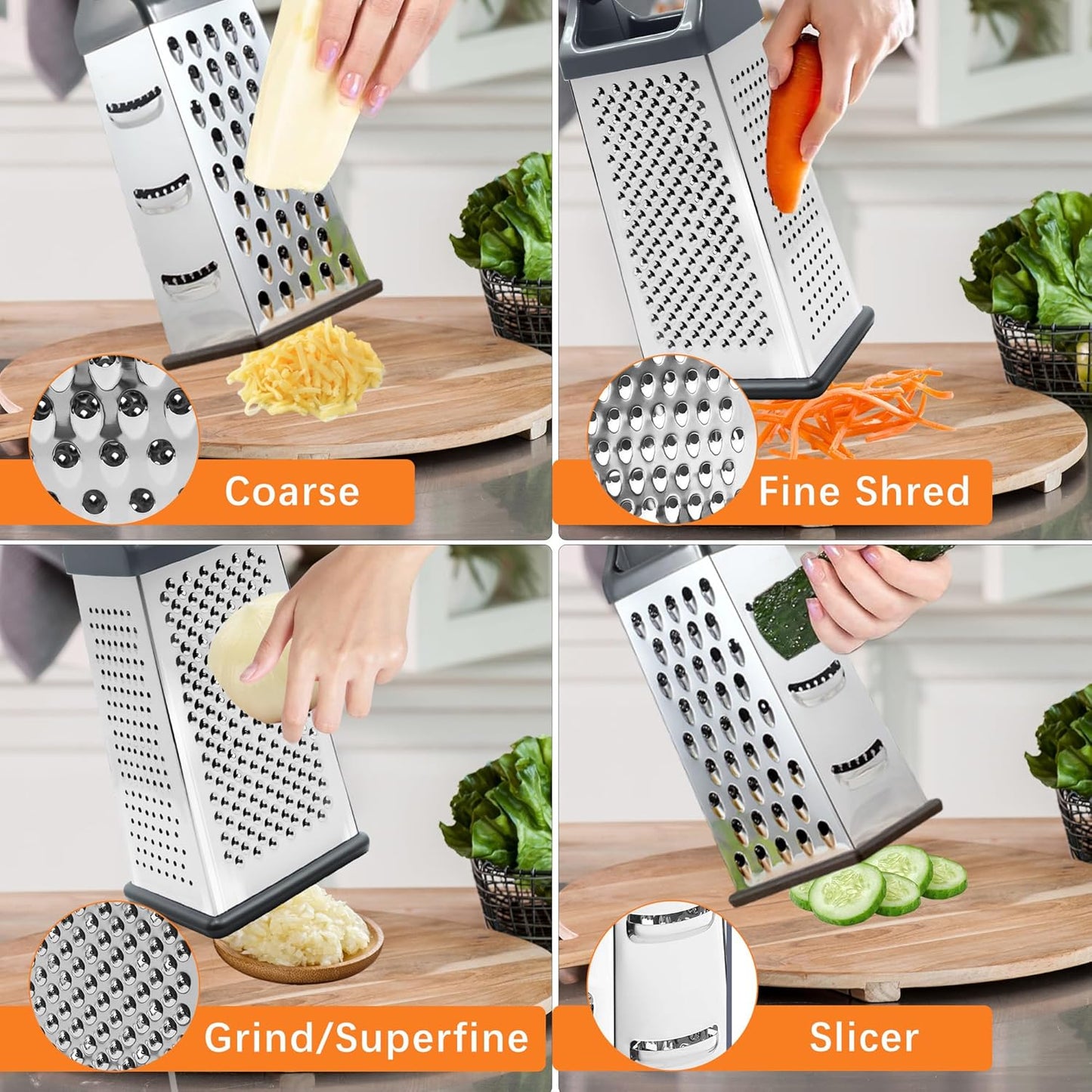 Cheese Grater, 6 Sides Box Graters for Kitchen, Stainless Steel Food Shredders for Cheese Vegetables Potatoes Carrot (Pink Handle)