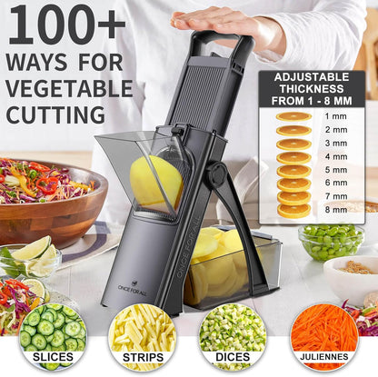 ONCE FOR ALL Upgrade Safe Mandoline Slicer Plus, Adjustable Vegetable Food Chopper Potato Fries French Fry Cutter, Detachable Blade, Kitchen Chopping Artifact, New Kitchen Gift (DarkGray)