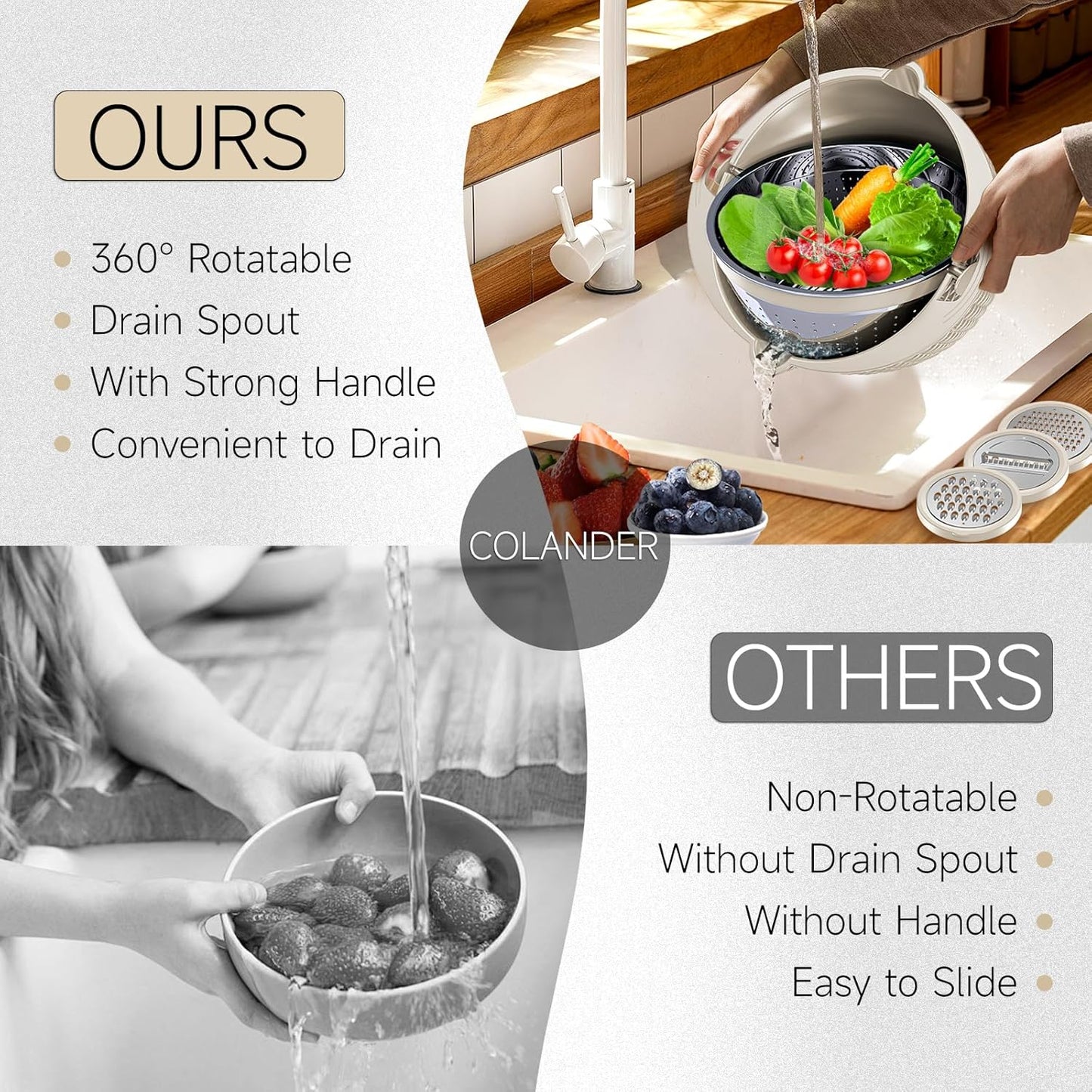 4-1 Colander with Bowl Set - Pasta Strainer - Colander for Kitchen - Strainers and Colanders Rice Strainer Fruit Cleaner Veggie Wash Sink Strainer Kitchen Essentials - Black