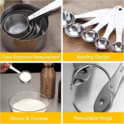 Joyhill Stainless Steel Measuring Cups and Spoons Set of 10 Piece, Nesting Metal Measuring Cups Set with Soft Touch Silicone Handles for Dry and Liquid Ingredients, Cooking & Baking (Colorful)