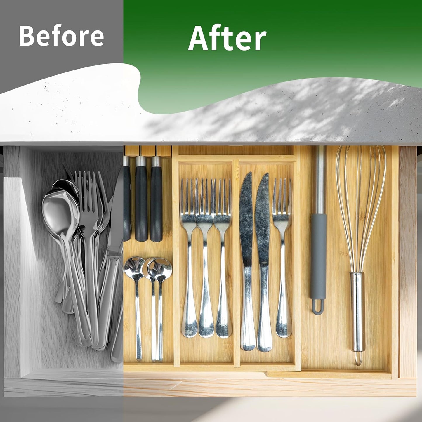 VaeFae Bamboo Silverware Drawer Organizer Kitchen, Expandable Utensil Organizer with Knife Block, Cutlery Tray with Divider, Multifunctional Drawer Organizer (Black)