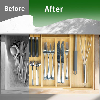 VaeFae Bamboo Silverware Drawer Organizer Kitchen, Expandable Utensil Organizer with Knife Block, Cutlery Tray with Divider, Multifunctional Drawer Organizer (Black)