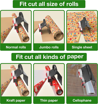 Wraprocut (2-Pack) Wrapping Paper Cutter & Tape Dispenser Dual Use with 4 Tapes，2 Replace Blades Kit for Christmas Gift Wrap Cutter Tool Paper Roll Holder Tube Sliding Slicing for Birthday Holiday.