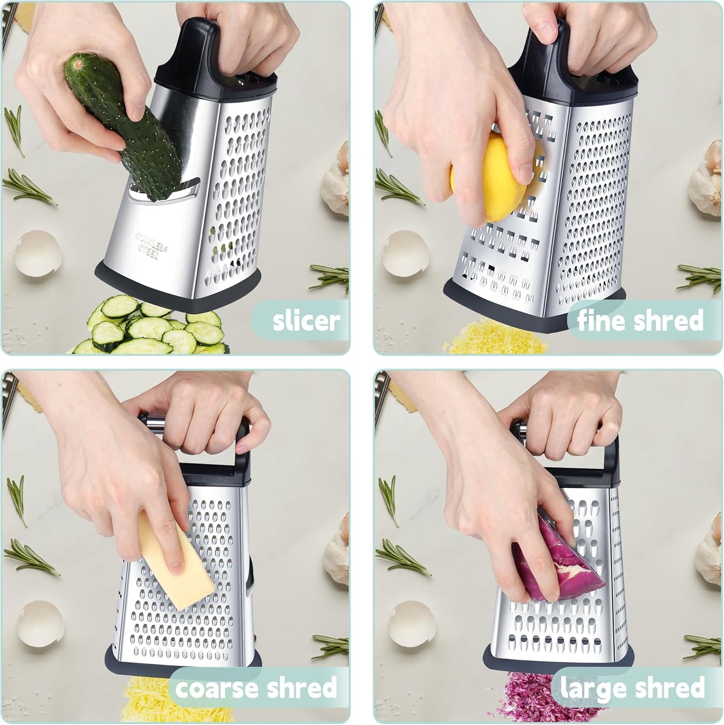 Kaishun Professional Cheese Grater, 4-Sided Stainless Steel Box Grater, Food Shredder for Cheese, Parmesan, Vegetable, Black
