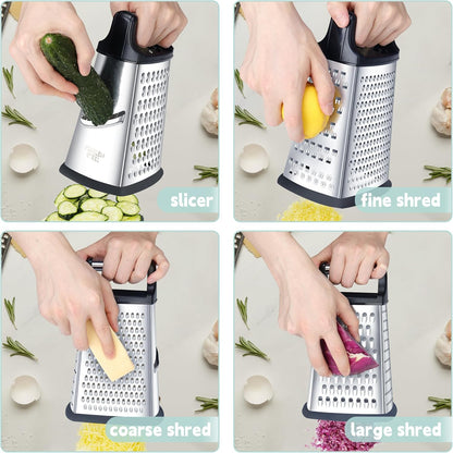 Kaishun Professional Cheese Grater, 4-Sided Stainless Steel Box Grater, Food Shredder for Cheese, Parmesan, Vegetable, Black