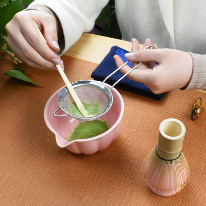 Artcome 4 Pcs Japanese Matcha Tea Set - Matcha Bowl with Pouring Spout, Matcha Whisk, Tea Scoop, Whisk Holder, Handmade Matcha Ceremony Kit For Japanese Tea Ceremony, Rose