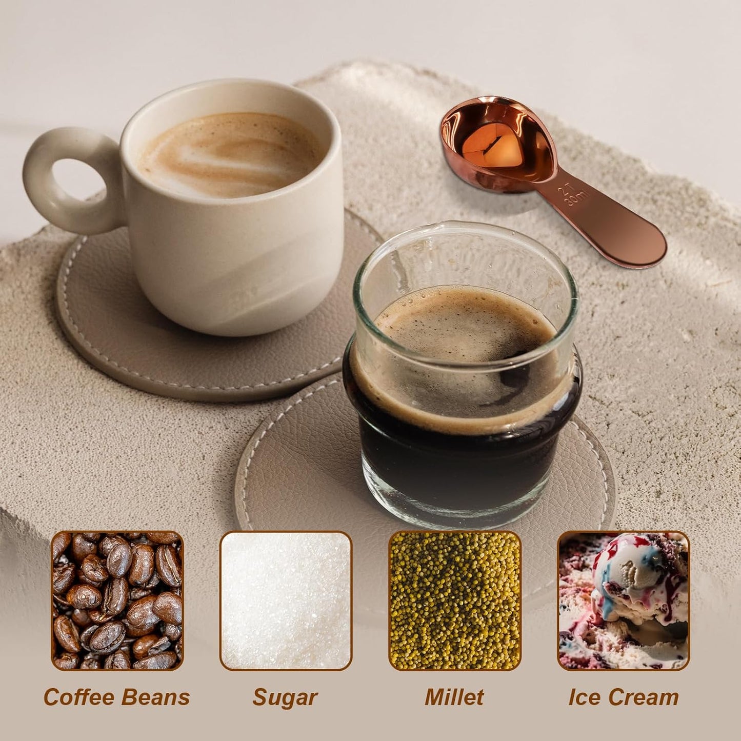 Coffee Scoops 2Tbs (30ml/ 1/8 Cup / 1 oz), Black 304 Stainless Steel Coffee 2 Tablespoon Scoop Short Handle Measuring Spoon, Set of 2