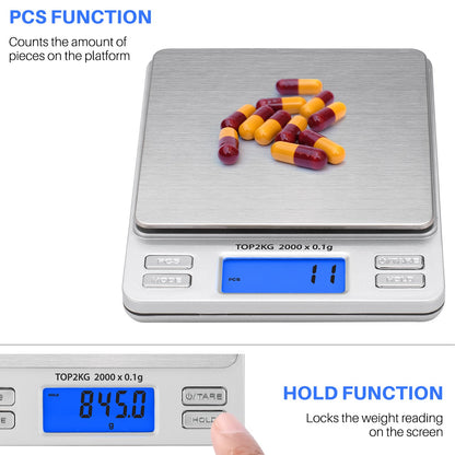 Smart Weigh Pro Digital Pocket Scale – 2000g x 0.1g Precision Gram Scale with LCD Display, 6 Weighing Units, Hold & Count Functions – Includes 2 Trays and Batteries (Silver)