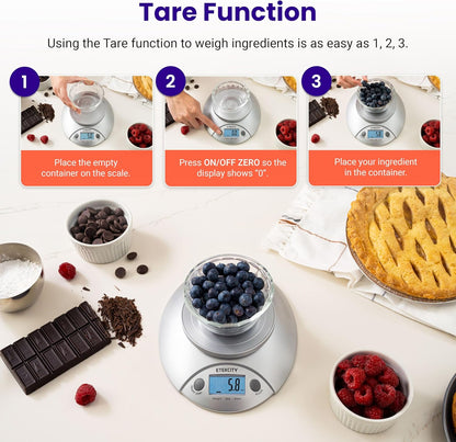 Etekcity 0.1g Food Kitchen Scale, Bowl, Digital Grams and Ounces for Weight Loss, Dieting, Baking, Cooking, and Meal Prep, 11lb/5kg, Stainless Steel Silver