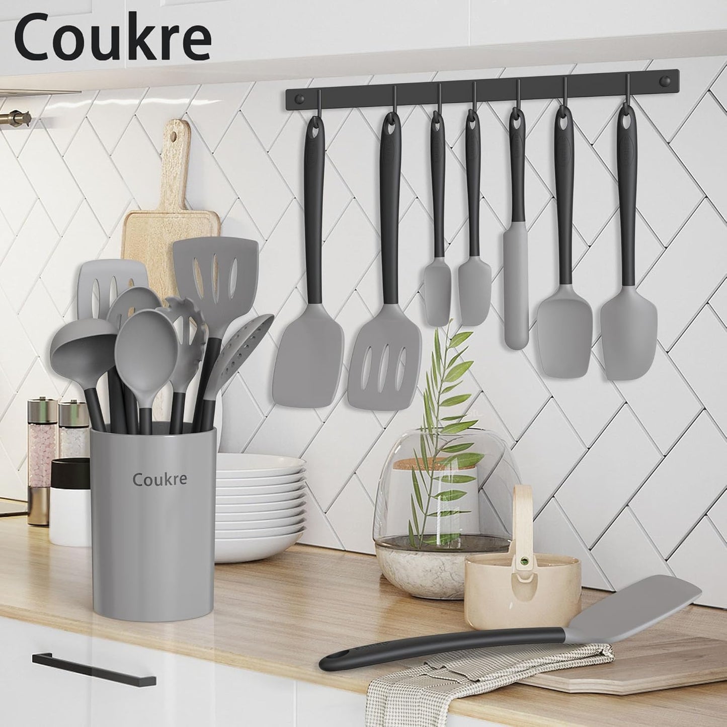 Coukre Silicone Kitchen Cooking Utensils Set with Holder – Heat-Resistant, Food-Grade Kitchen Tools, Spatula, Spoon & Gadgets for Non-Stick Pans, Dishwasher Safe (14, PureBlack)