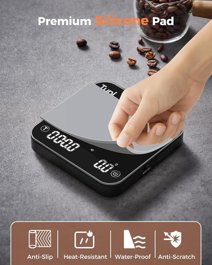 Tuni Rechargeable Mini Coffee Scale with Timer, 2kg/0.1g Accurate Espresso Scale for Espresso and Pour-Over Coffee, Portable Digital Kitchen Scale with Automatic Timing, White