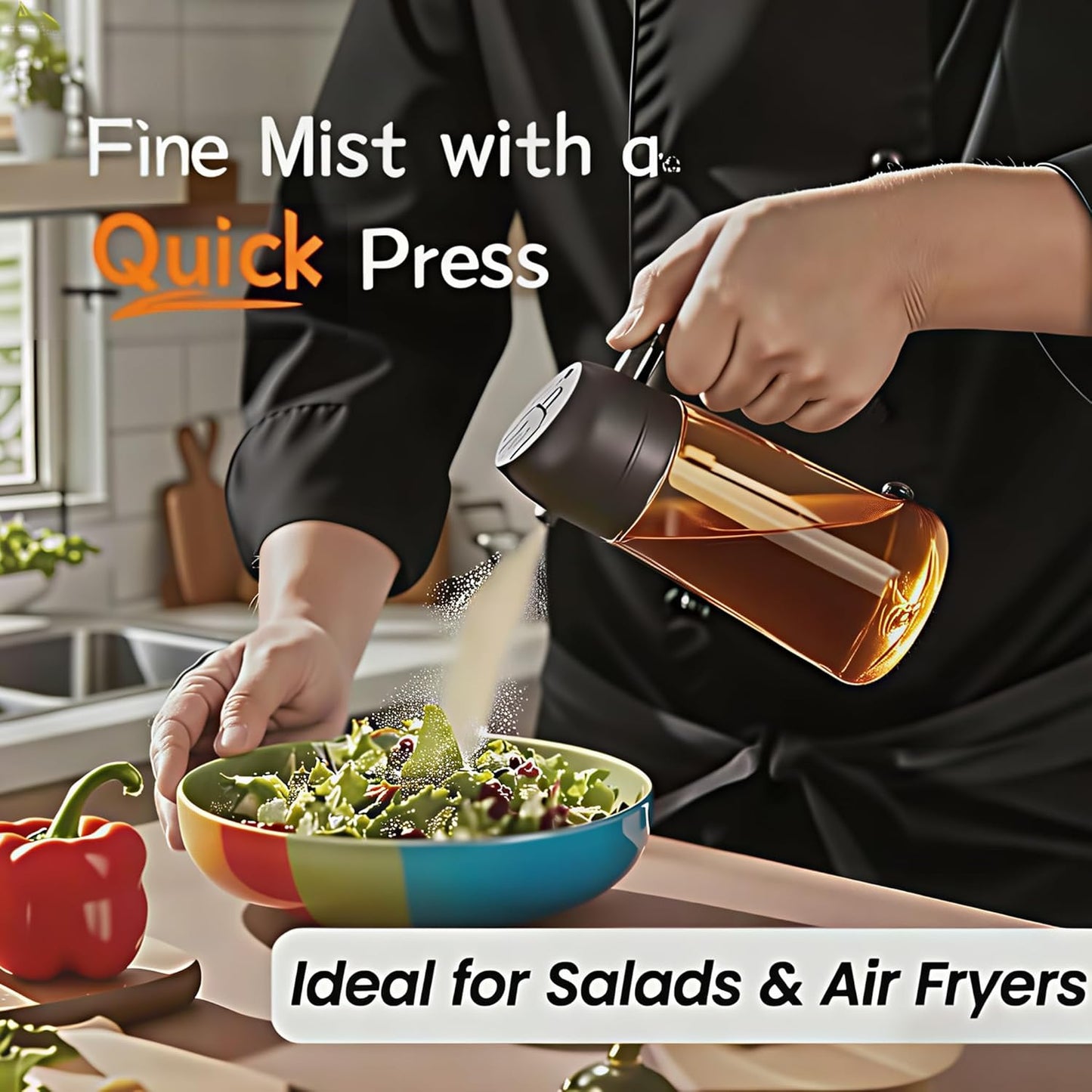 Olive Oil Sprayer for Cooking, 220ml Glass Oil Dispenser for Kitchen Gadgets, Food Grade Premium Spray Bottle, Continuous Spray with Portion Control, for Salad, Frying, BBQ (Black)