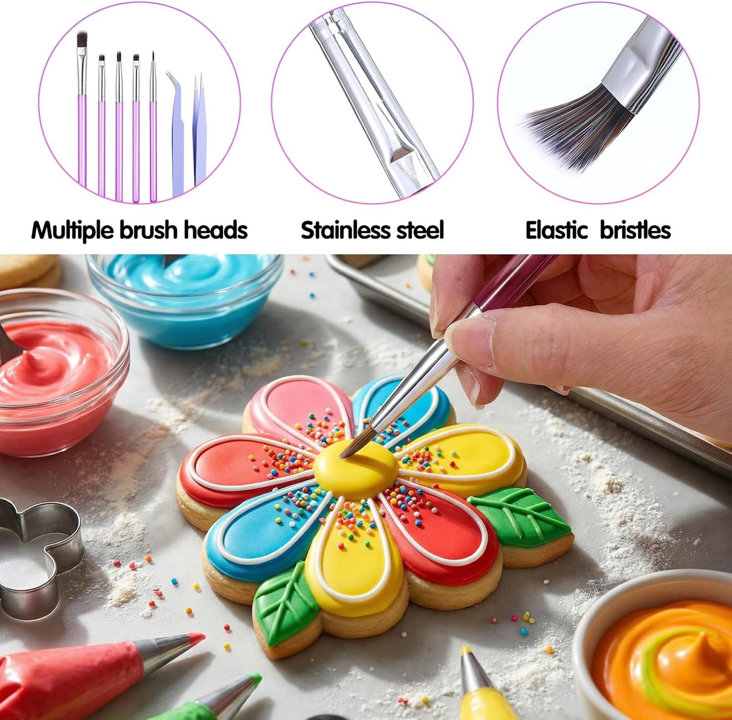 Sibba 7 PCS Food Paint Brushes with Elbow & Straight Tip Tweezer Set, Chocolate Candy Cookie Decorating Brushes Fondant Tools, DIY Cake Painting Pastry Baking Decoration Brush Kitchen Bakery Utensil