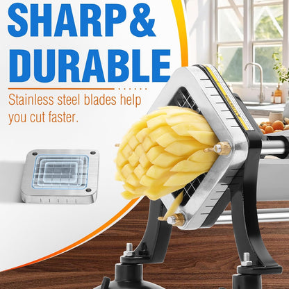 French Fry Cutter for Potatoes, Stainless Steel Potato Cutter for Fries with 1/2", 3/8", 1/4" Replaceable Blades, Glove, and Brush