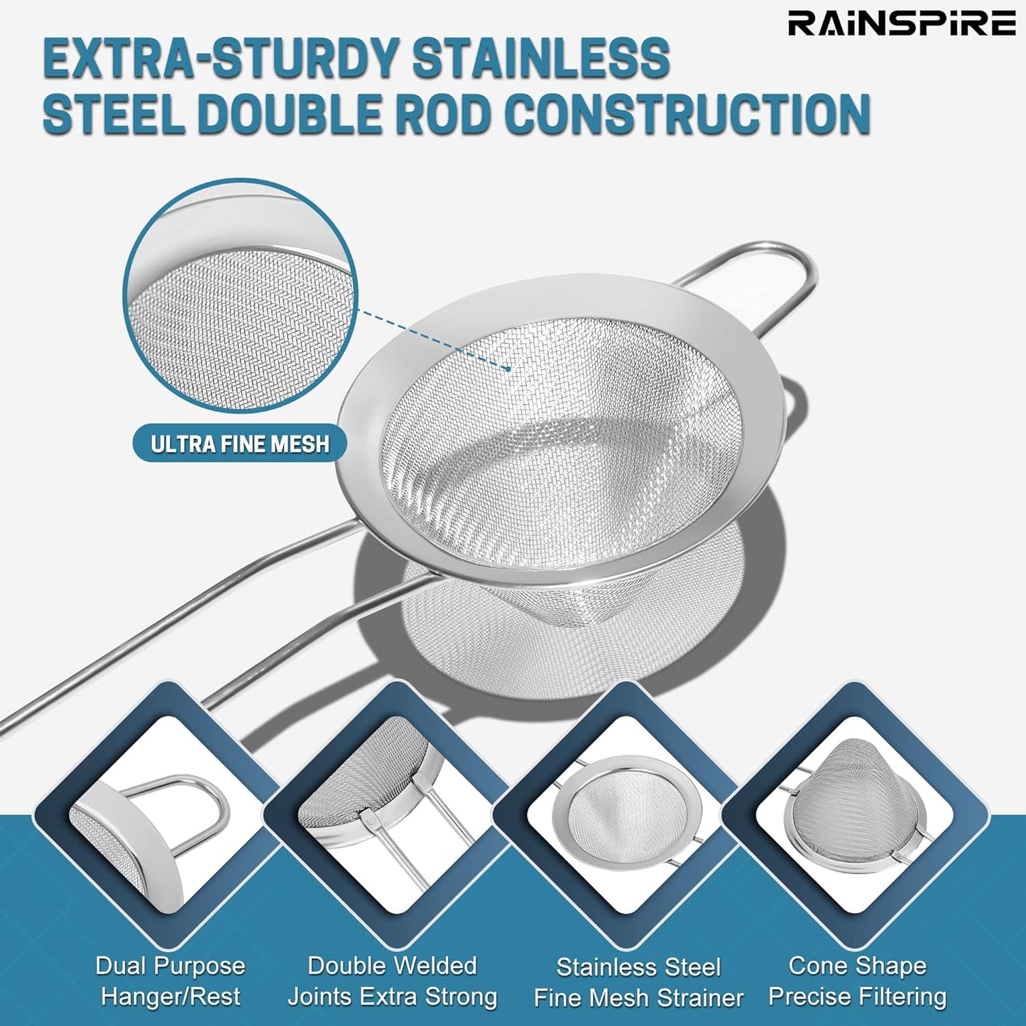 Upgraded 3.3" 304 Stainless Steel Fine Mesh Strainers for Kitchen, Cocktail Strainer Tea Coffee Juice Strainer Food Strainer Mini Sieve Strainer, Silver