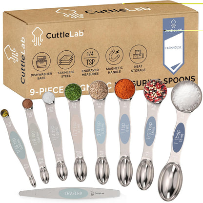 CuttleLab Magnetic Measuring Spoons Set - Stainless Steel, Double Ended, Stackable & Nested Design for Dry and Liquid Ingredients, Ideal for Spice Jars, 9-Piece Set with Leveler (Country Chic)