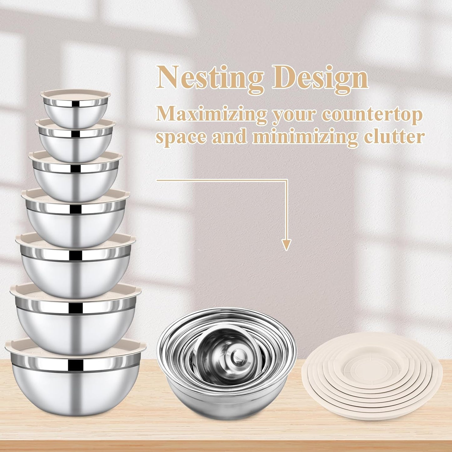 7 Piece Stainless Steel Mixing Bowls with Lids Set - Khaki Nesting Metal Mixing Bowls for Kitchen, Sizes 4.5, 4, 3.5, 2.1, 1.5, 1.1, 0.7 Qt for Baking, Cooking and Serving, Dishwasher Safe