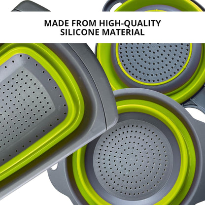 Green Kitchen Strainer Colander Set - 2 PCS Multifunctional Colander Silicone Food Strainers for Kitchen for Pasta and Spaghetti Collapsible with Plastic Handles