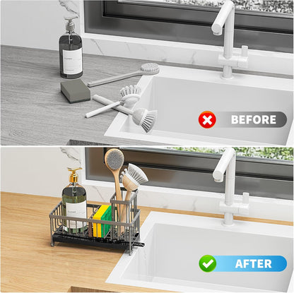 Cisily Sponge Holder for Kitchen Sink, Sink Caddy Organizer with High Brush Holder, Kitchen Countertop Organizers and Storage Essentials, Rustproof 304 Stainless Steel (Black, 9.25″)