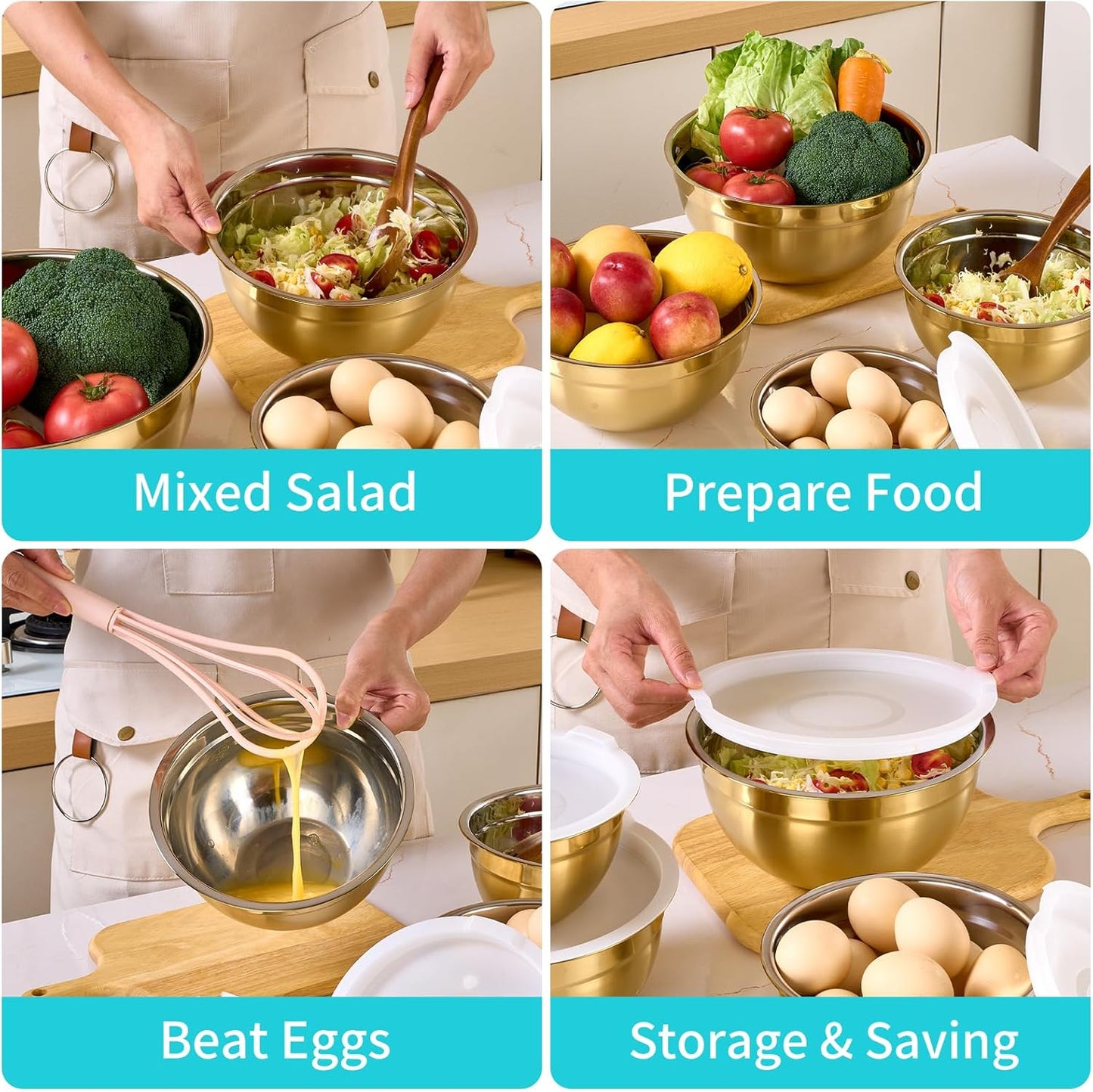 4 Piece Gold Mixing Bowls With Lids for Kitchen, Stainless Steel Set Ideal for Baking, Prepping, Cooking and Serving Food, Nesting Metal Bowls for Space Saving Storage