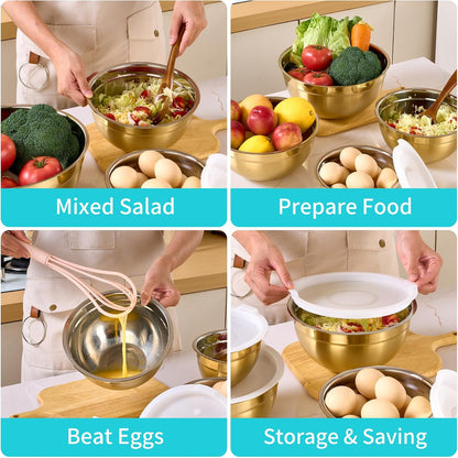 4 Piece Gold Mixing Bowls With Lids for Kitchen, Stainless Steel Set Ideal for Baking, Prepping, Cooking and Serving Food, Nesting Metal Bowls for Space Saving Storage