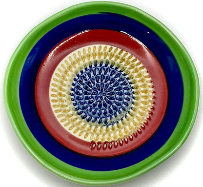 BonCera, All-in-one Premium Ceramic Garlic Grater Plate 4-Piece Set - Multicolor 5 Circle Design - For Garlic, Ginger, Chocolate, and more! - Comes with 5" Plate, Peeler, Brush, and Stand