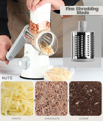 Ourokhome Rotary Cheese Grater Hand Crank, Kitchen Shredder Speed Mandolin Slicer Nut Grinder with Handle and Drum Blades for Cheese, Vegetable, Walnut, Chocolate, Potato, Carrot, 3 Blades, Dark Blue